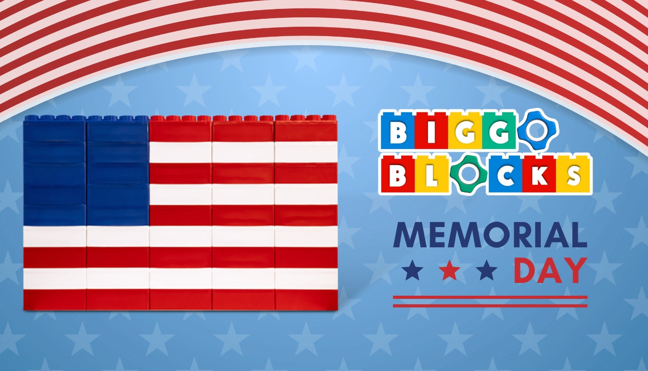 The American flag build with jumbo building blocks from Biggo Blocks to celebrate Memorial Day.