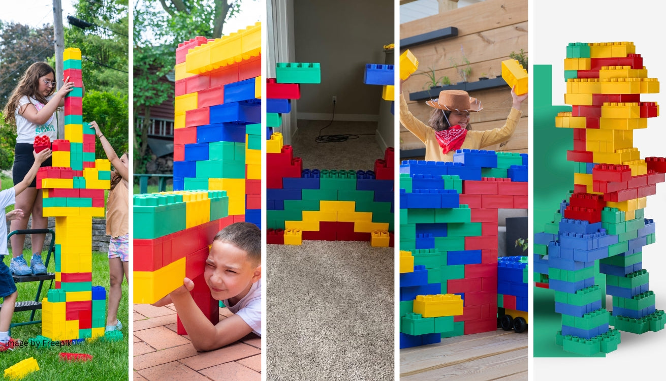 Collage of kids building creative structures with Biggo Blocks, showcasing colorful and imaginative projects like towers, forts, and a T-Rex made from large building blocks.