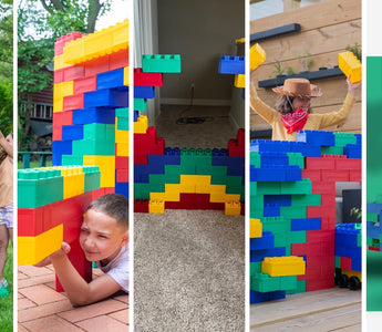 Collage of kids building creative structures with Biggo Blocks, showcasing colorful and imaginative projects like towers, forts, and a T-Rex made from large building blocks.