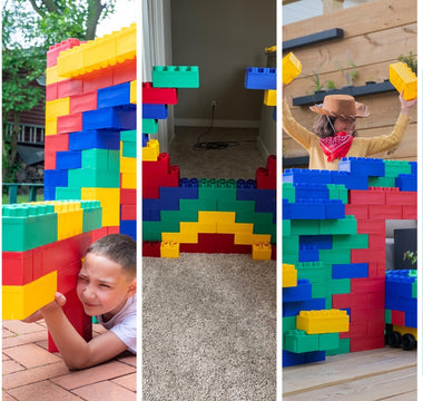 Collage of kids building creative structures with Biggo Blocks, showcasing colorful and imaginative projects like towers, forts, and a T-Rex made from large building blocks.