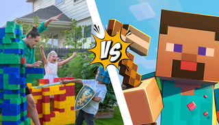 Comparison of outdoor play with Biggo Blocks and video gaming, featuring kids building and playing with colorful jumbo blocks on one side, and a Minecraft character on the other.