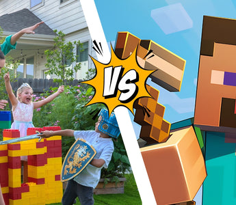 Comparison of outdoor play with Biggo Blocks and video gaming, featuring kids building and playing with colorful jumbo blocks on one side, and a Minecraft character on the other.