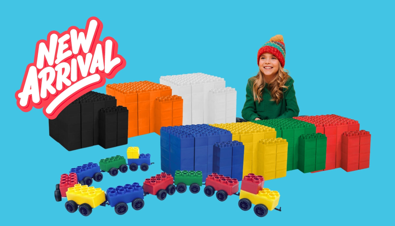 A colorful arrangement of new orange, black, and white Biggo Blocks, with a child seated beside the blocks. The display also features various single color sets and train sets, promoting the new product arrivals from Biggo Blocks.