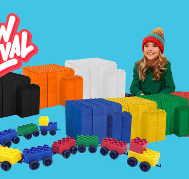 A colorful arrangement of new orange, black, and white Biggo Blocks, with a child seated beside the blocks. The display also features various single color sets and train sets, promoting the new product arrivals from Biggo Blocks.