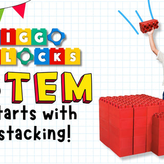 Excited child lifts red jumbo blocks above a large block structure with the words “STEM starts with stacking!” featured in colorful Biggo Blocks branding.