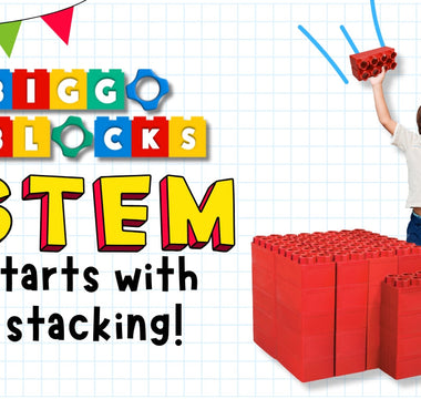 Excited child lifts red jumbo blocks above a large block structure with the words “STEM starts with stacking!” featured in colorful Biggo Blocks branding.